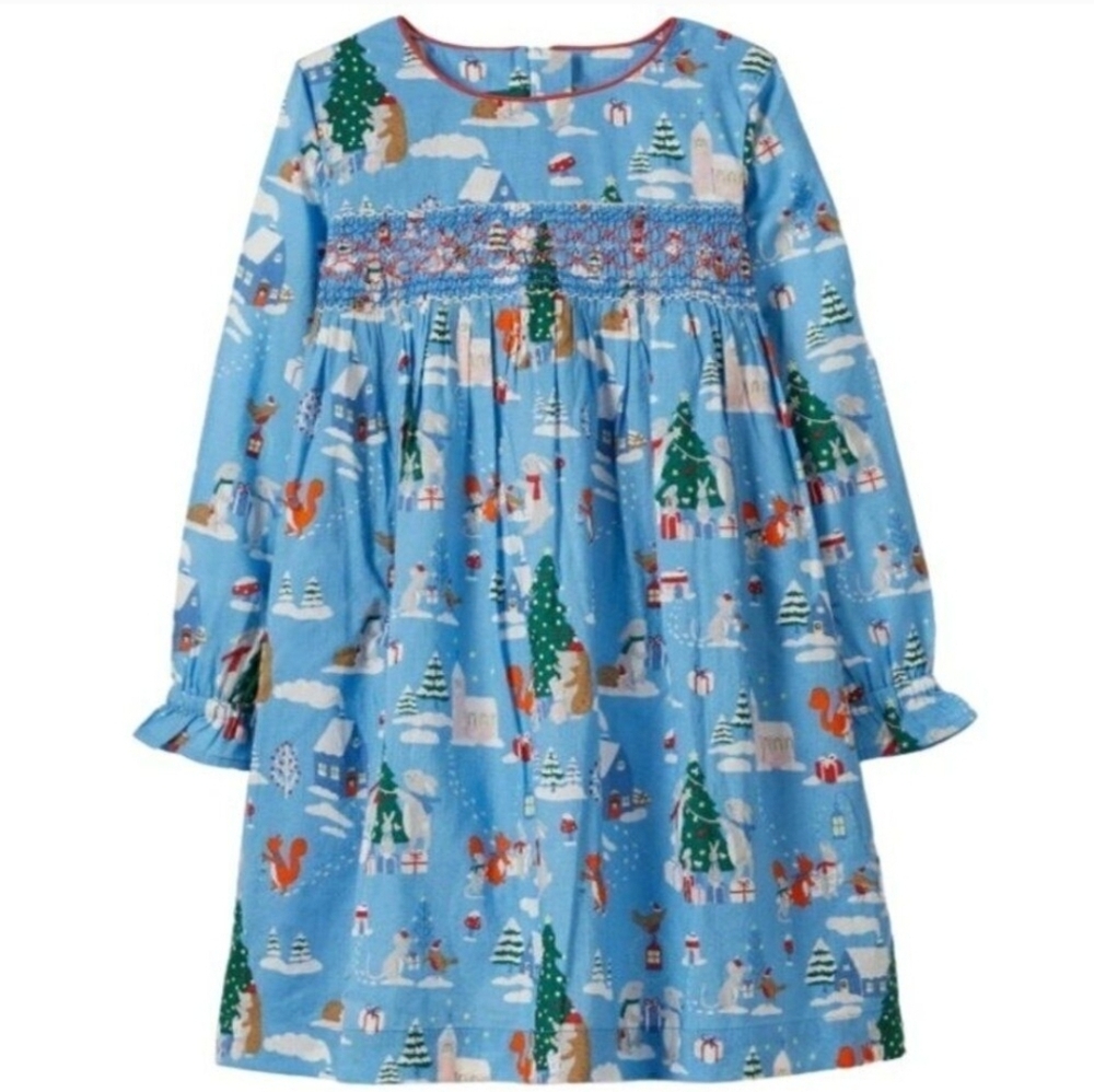 Mini Boden Blue Holiday Forest Smocked Long-Sleeve Dress